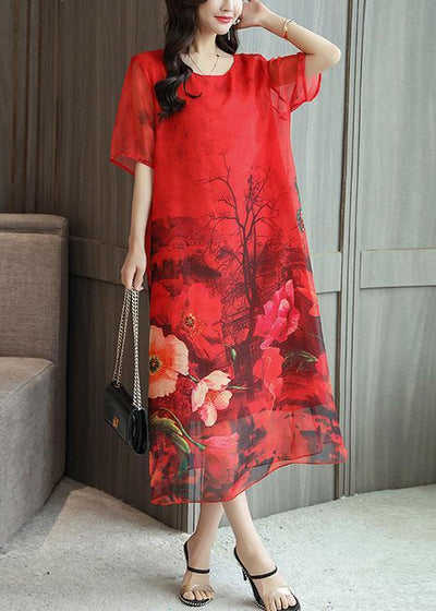 Italian red print silk quilting clothes o neck Kaftan summer Dresses - bagstylebliss