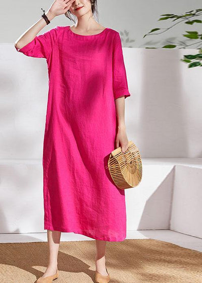 Italian rose linen dresses o neck half sleeve Maxi summer Dresses - bagstylebliss