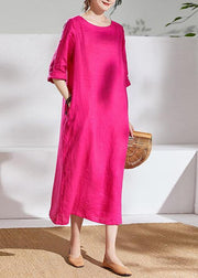 Italian rose linen dresses o neck half sleeve Maxi summer Dresses - bagstylebliss