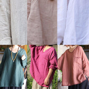 Italian side open linen Blouse Work Outfits khaki shirts v neck - bagstylebliss