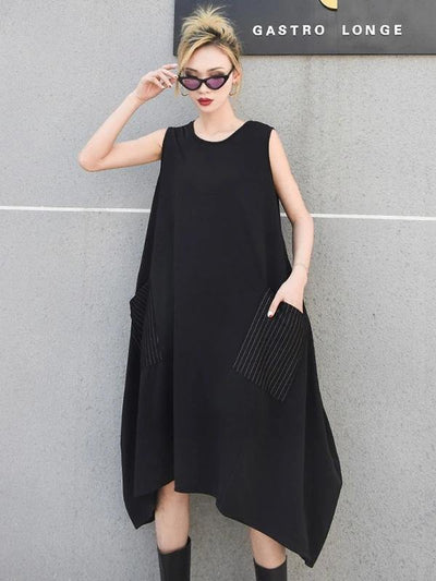 Italian sleeveless asymmetric cotton summer black cotton Dresses - bagstylebliss