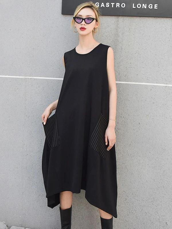 Italian sleeveless asymmetric cotton summer black cotton Dresses - bagstylebliss