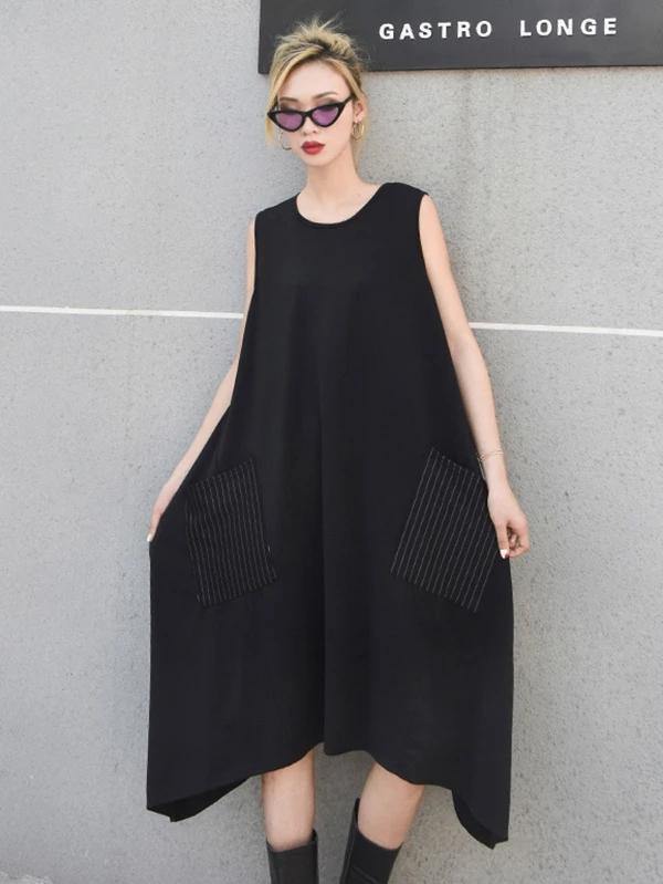 Italian sleeveless asymmetric cotton summer black cotton Dresses - bagstylebliss