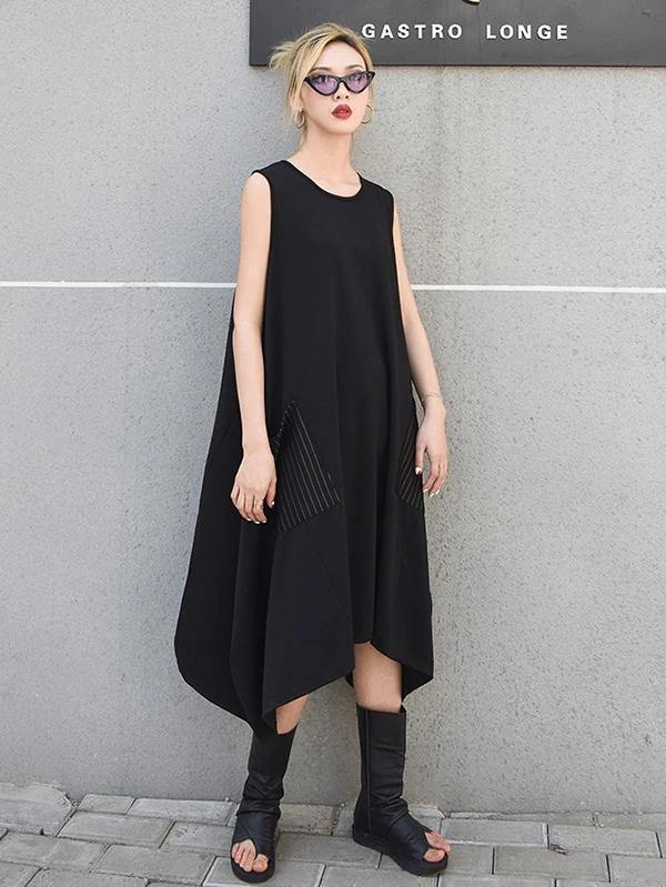 Italian sleeveless asymmetric cotton summer black cotton Dresses - bagstylebliss