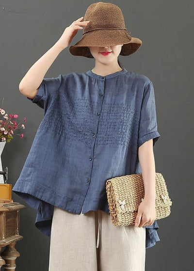 Italian stand collar linen summer clothes Shape navy embroidery blouse - bagstylebliss