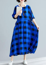 Italian tie waist cotton clothes Women Outfits blue plaid Maxi Dresses summer - bagstylebliss