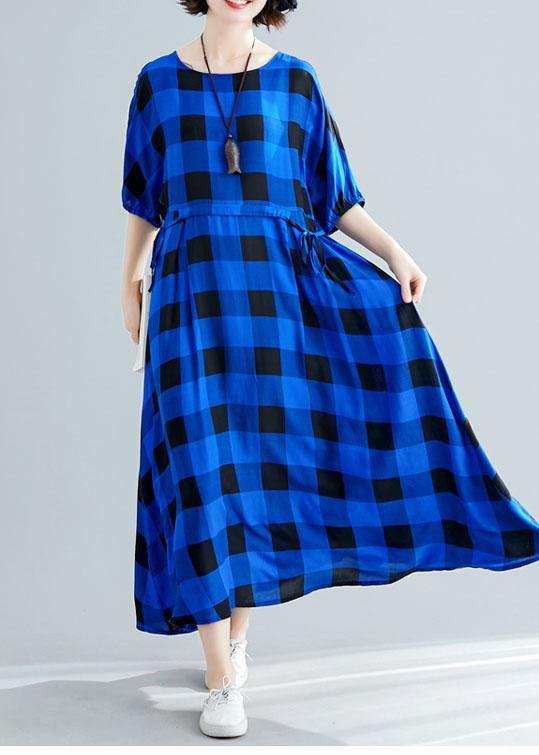 Italian tie waist cotton clothes Women Outfits blue plaid Maxi Dresses summer - bagstylebliss