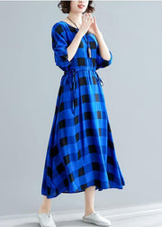 Italian tie waist cotton clothes Women Outfits blue plaid Maxi Dresses summer - bagstylebliss