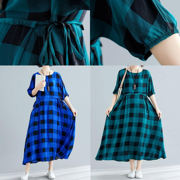 Italian tie waist cotton clothes Women Outfits blue plaid Maxi Dresses summer - bagstylebliss