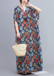 Italian v neck Batwing Sleeve blue dotted Maxi Dresses - bagstylebliss