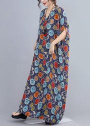 Italian v neck Batwing Sleeve blue dotted Maxi Dresses - bagstylebliss