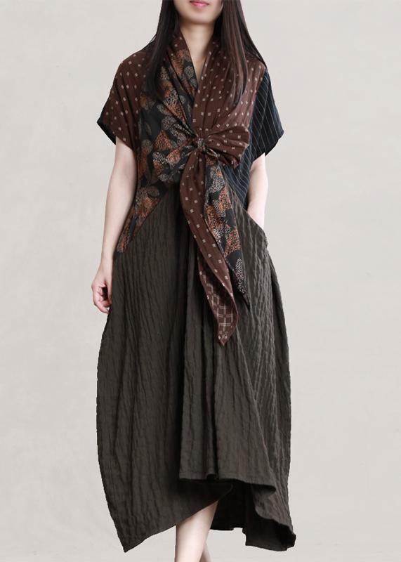 Italian v neck Batwing Sleeve linen dresses Photography chocolate print Dress - bagstylebliss