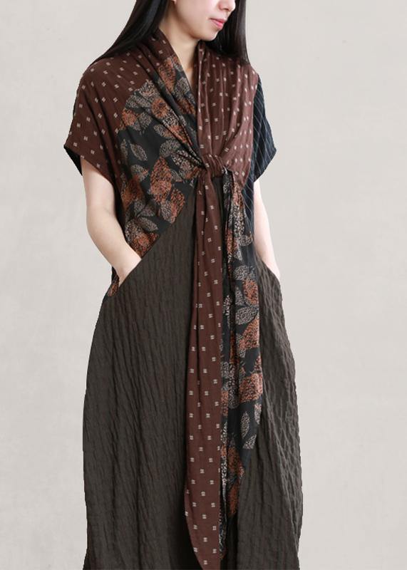 Italian v neck Batwing Sleeve linen dresses Photography chocolate print Dress - bagstylebliss