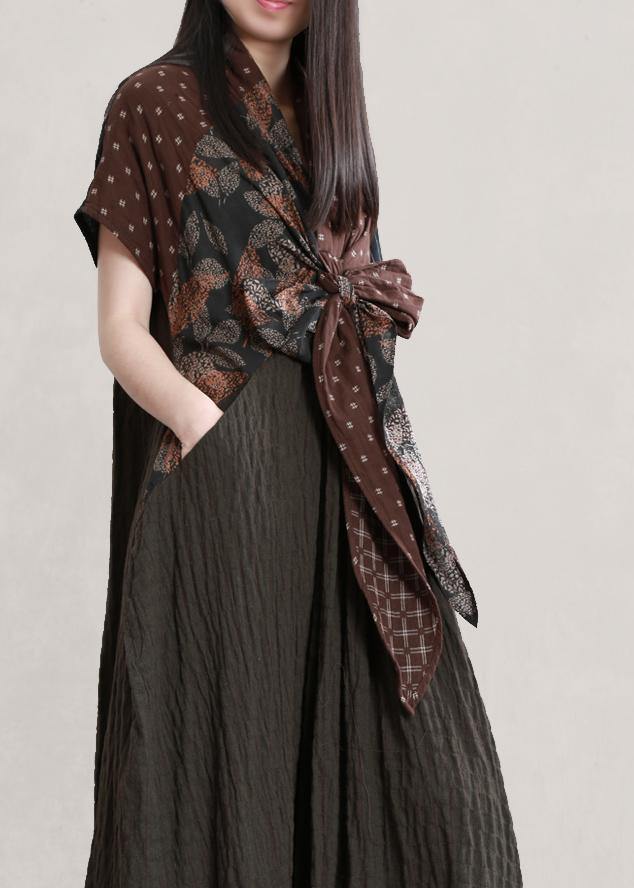 Italian v neck Batwing Sleeve linen dresses Photography chocolate print Dress - bagstylebliss