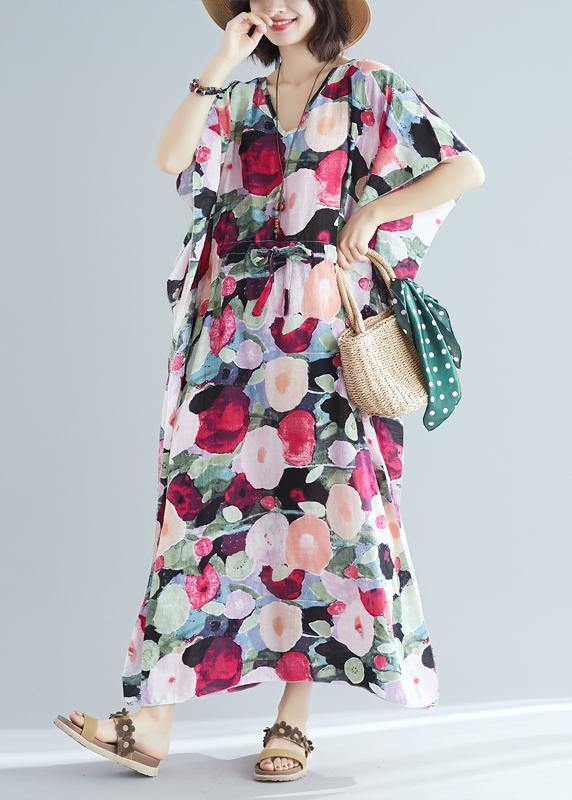 Italian v neck drawstring clothes For Women short Sleeve floral robes Dress summer - bagstylebliss