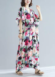 Italian v neck drawstring clothes For Women short Sleeve floral robes Dress summer - bagstylebliss