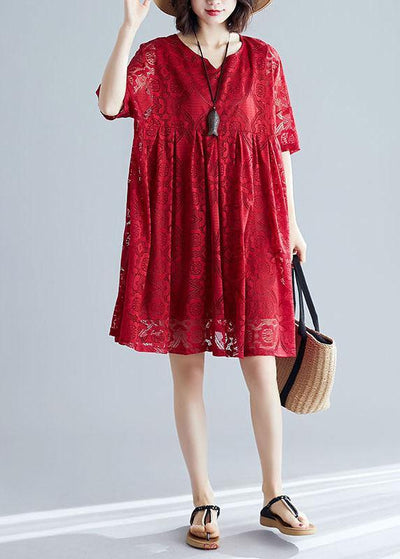 Italian v neck hollow out dresses pattern red Dress - bagstylebliss