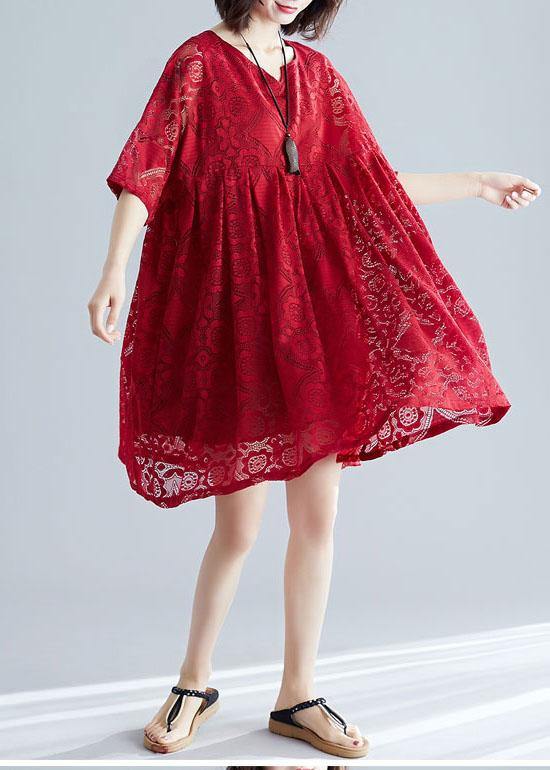 Italian v neck hollow out dresses pattern red Dress - bagstylebliss