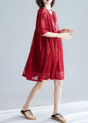 Italian v neck hollow out dresses pattern red Dress - bagstylebliss