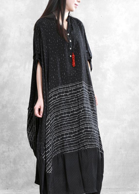 Italian v neck patchwork summer dresses Work black print Dress - bagstylebliss