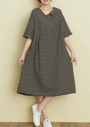 Italian v neck pockets summer dresses black plaid Dresses - bagstylebliss