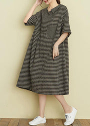 Italian v neck pockets summer dresses black plaid Dresses - bagstylebliss