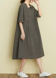 Italian v neck pockets summer dresses black plaid Dresses - bagstylebliss