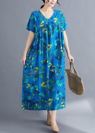 Italian v neck Cinched linen Wardrobes pattern blue print Dresses summer - bagstylebliss