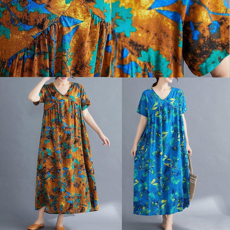 Italian v neck Cinched linen Wardrobes pattern blue print Dresses summer - bagstylebliss