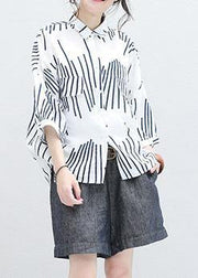 Italian white asymmetric striped cotton Long Shirts half sleeve Art summer shirt - bagstylebliss