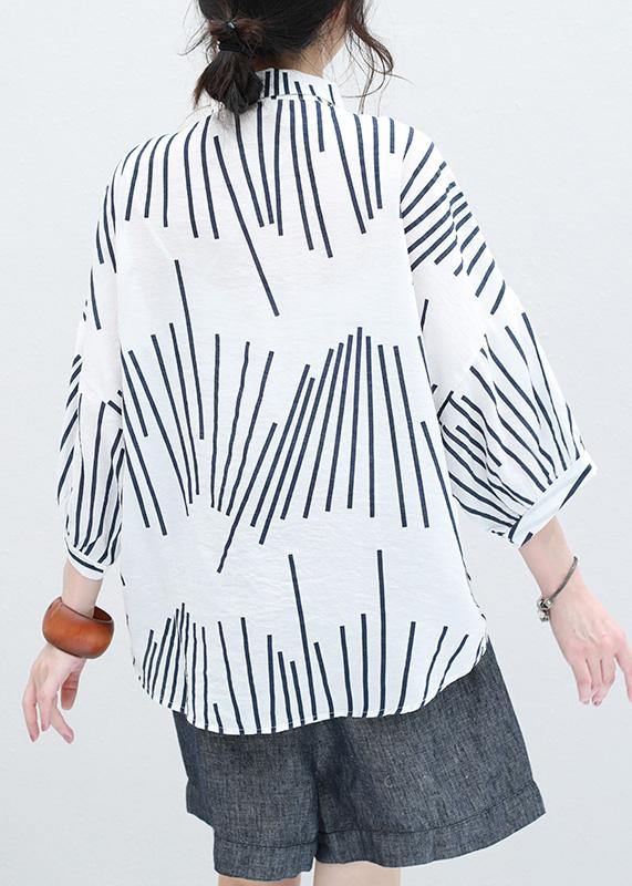 Italian white asymmetric striped cotton Long Shirts half sleeve Art summer shirt - bagstylebliss