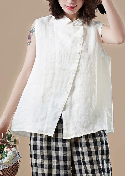 Italian white cotton Shirts Vintage Shape Peter pan Collar Sleeveless short Summer top - bagstylebliss