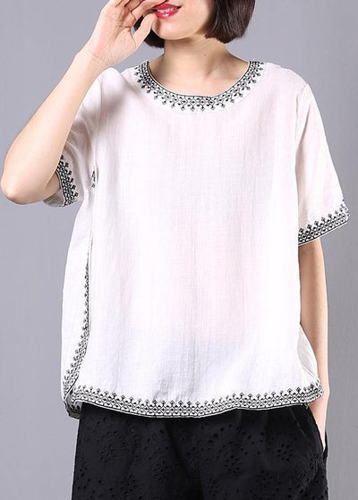 Italian white linen tops women design embroidery summer blouses - bagstylebliss