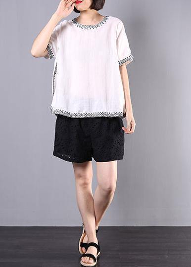 Italian white linen tops women design embroidery summer blouses - bagstylebliss