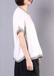 Italian white linen tops women design embroidery summer blouses - bagstylebliss