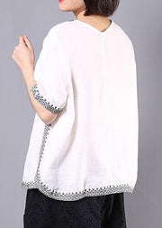 Italian white linen tops women design embroidery summer blouses - bagstylebliss