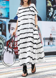 Italian white striped linen Robes o neck pockets Art Dress - bagstylebliss