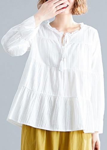 Italian white v neck cotton linen tops women blouses patchwork daily fall blouse - bagstylebliss