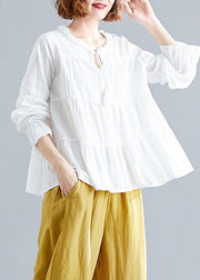 Italian white v neck cotton linen tops women blouses patchwork daily fall blouse - bagstylebliss