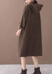 Italian winter cotton hooded tunics for women linen chocolate long Dress - bagstylebliss