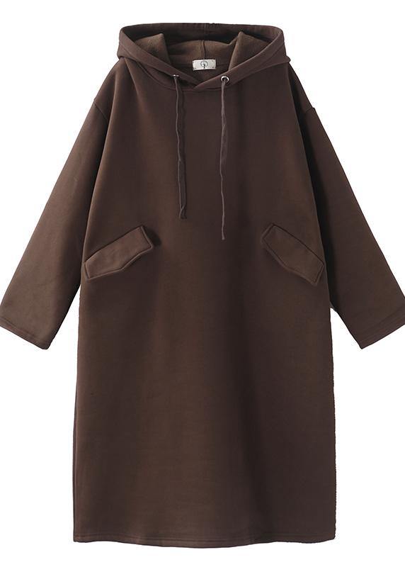 Italian winter cotton hooded tunics for women linen chocolate long Dress - bagstylebliss