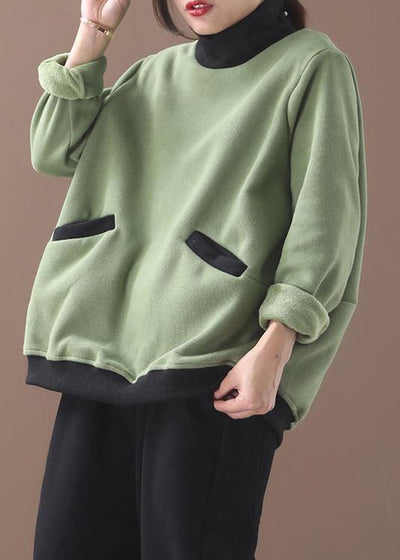 Italian winter cotton patchwork high neck clothes design green blouse - bagstylebliss