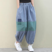 Italian women pants denim blue pattern elastic waist patchwork green trousers - bagstylebliss