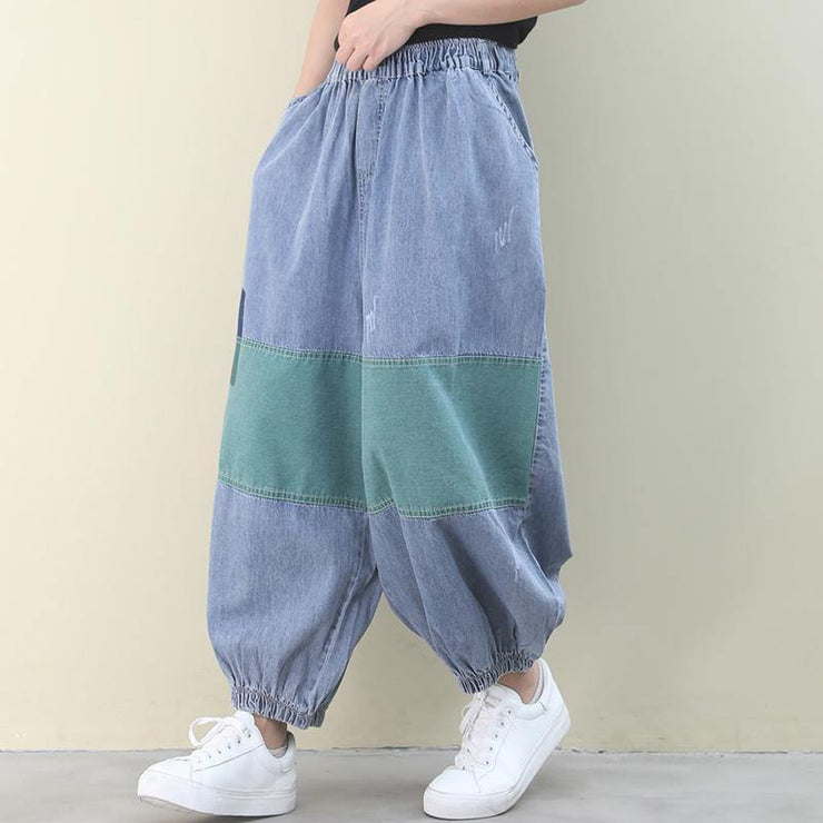 Italian women pants denim blue pattern elastic waist patchwork green trousers - bagstylebliss