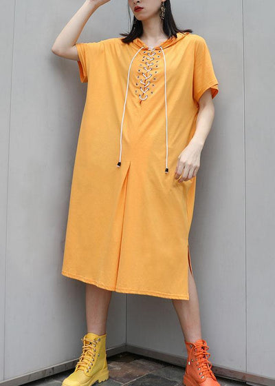 Italian yellow hooded cotton dresses side open long summer Dress - bagstylebliss