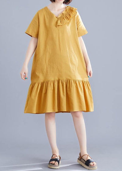 Italian yellow linen dresses v neck Ruffles Art summer Dress - bagstylebliss
