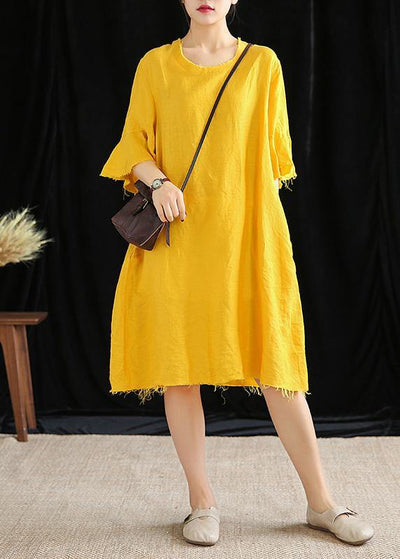 Italian yellow linen quilting clothes o neck Petal Sleeve daily Dresses - bagstylebliss