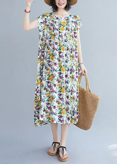 Italian yellow print pattern o neck pockets long summer Dresses - bagstylebliss