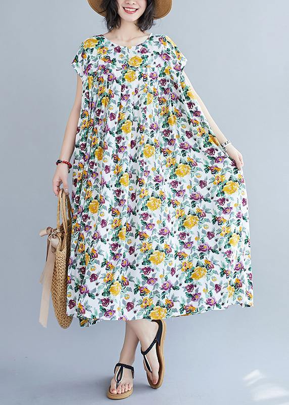 Italian yellow print pattern o neck pockets long summer Dresses - bagstylebliss