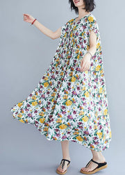 Italian yellow print pattern o neck pockets long summer Dresses - bagstylebliss